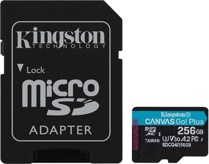 Kingston Technology 256 GB microSDXC Canvas Go Plus Gen4 200 MB/s A2 U3 V30 kaart + adapter