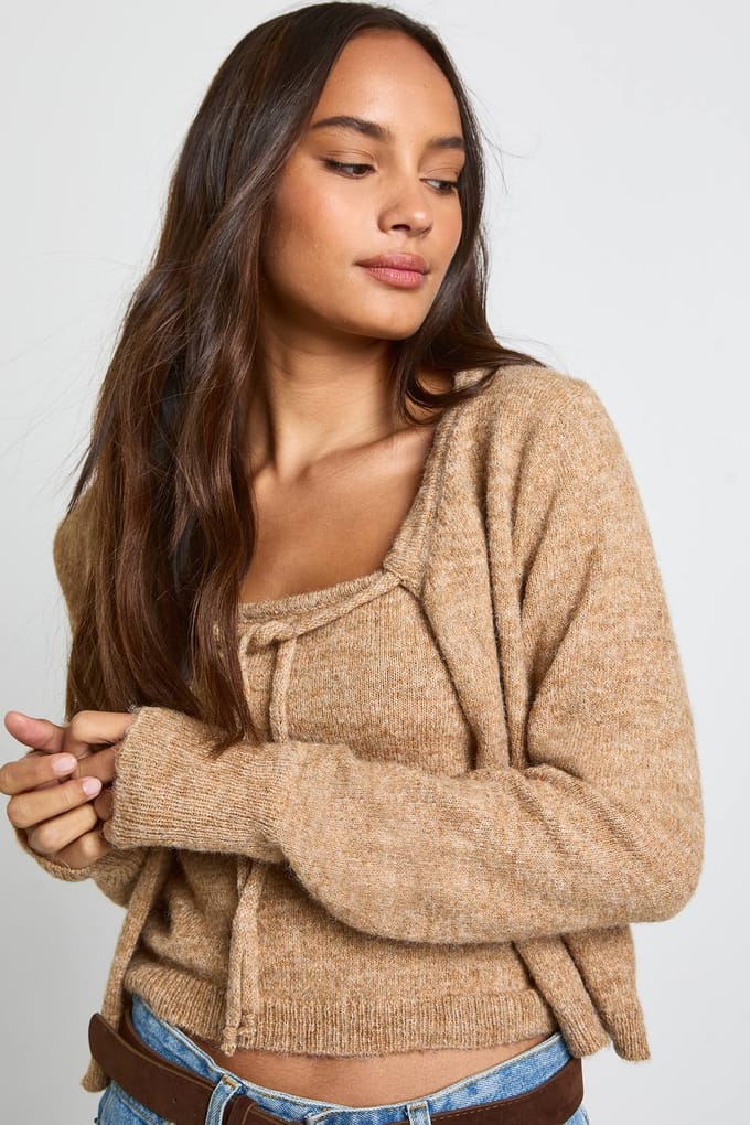boohoo Dames Gebreide Strik Vest en Hemdje Set | Camel | Maat: Medium