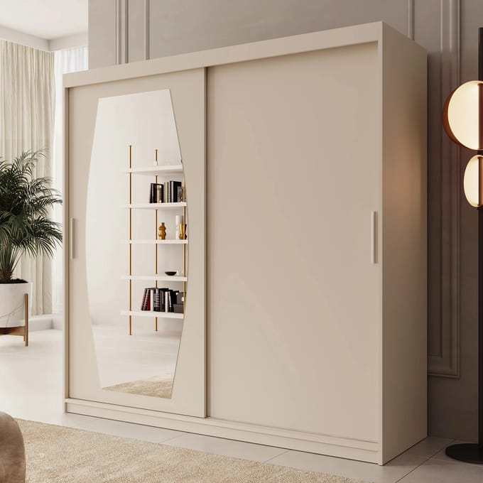 Meubella - Kledingkast Azai - Beige - 200 cm - Met spiegel