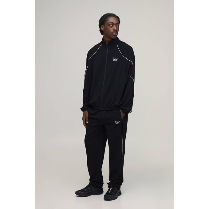Regular Fit Technische Trainingsjack En Joggingbroek Set Met Contrasterende Biesdetail | Black | Size Medium