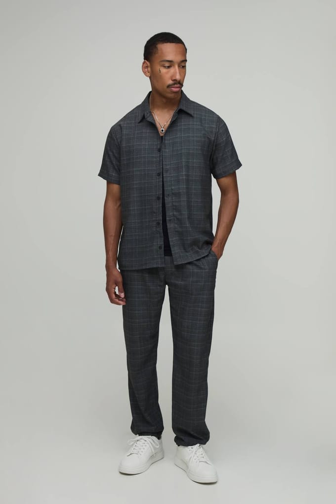 Geruit Regular Overhemd & Toelopende Broek Set | Charcoal | Size Medium