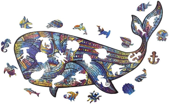Blauwe vinvis 42 x 25 cm - Houten puzzel (200 unieke stukjes)