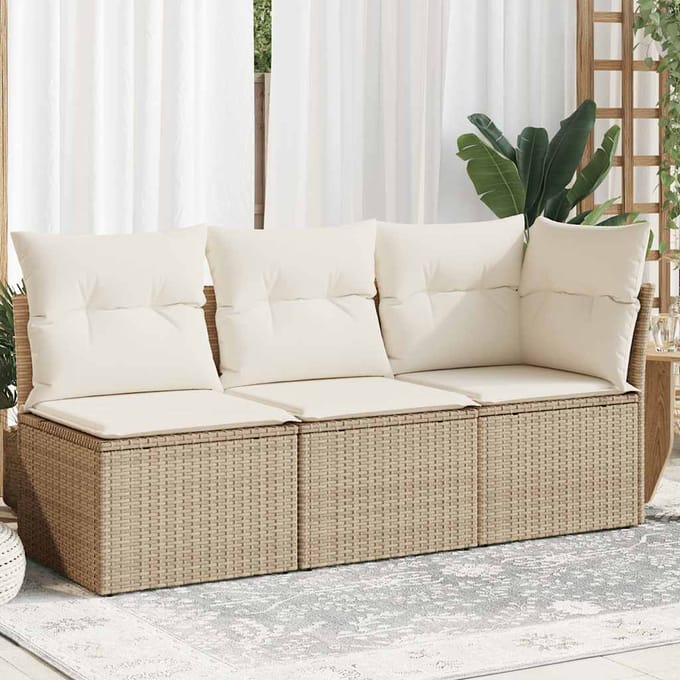 vidaXL - Tuinbank - 3-zits - met - kussens - poly - rattan - beige