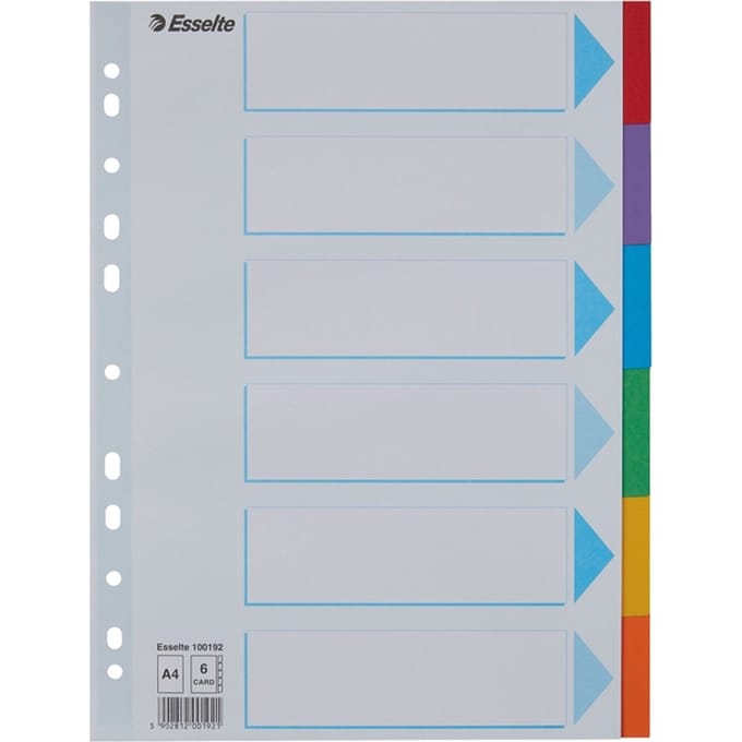 Tabbladen Esselte Standaard A4 6-delig karton 11-rings met voorblad assorti