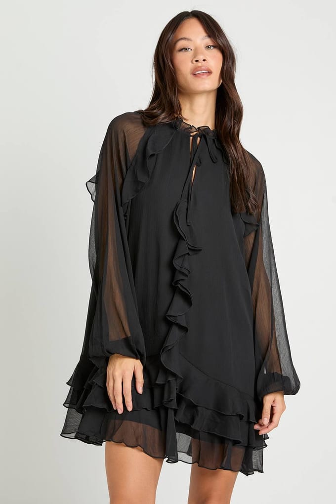 boohoo Dames Lange Chiffon Ruffle Smock Jurk | Black | Maat: 10