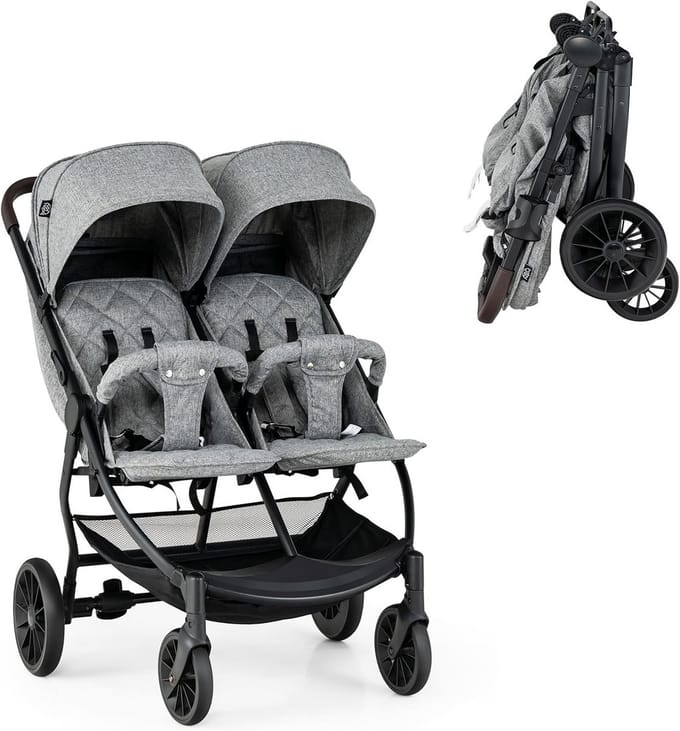 Comfortabele Dubbele Kinderwagen Naast Elkaar Lichtgrijs - Opvouwbaar en Verstelbaar