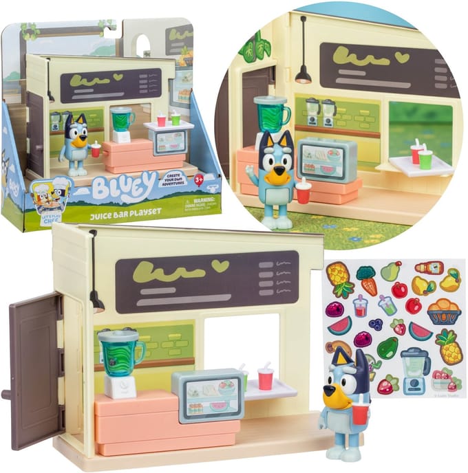 Bluey FIGUURENSET Mini-bar met sapjes, figuren voor kinderen, BEWEEGBARE ELEMENTEN 3+