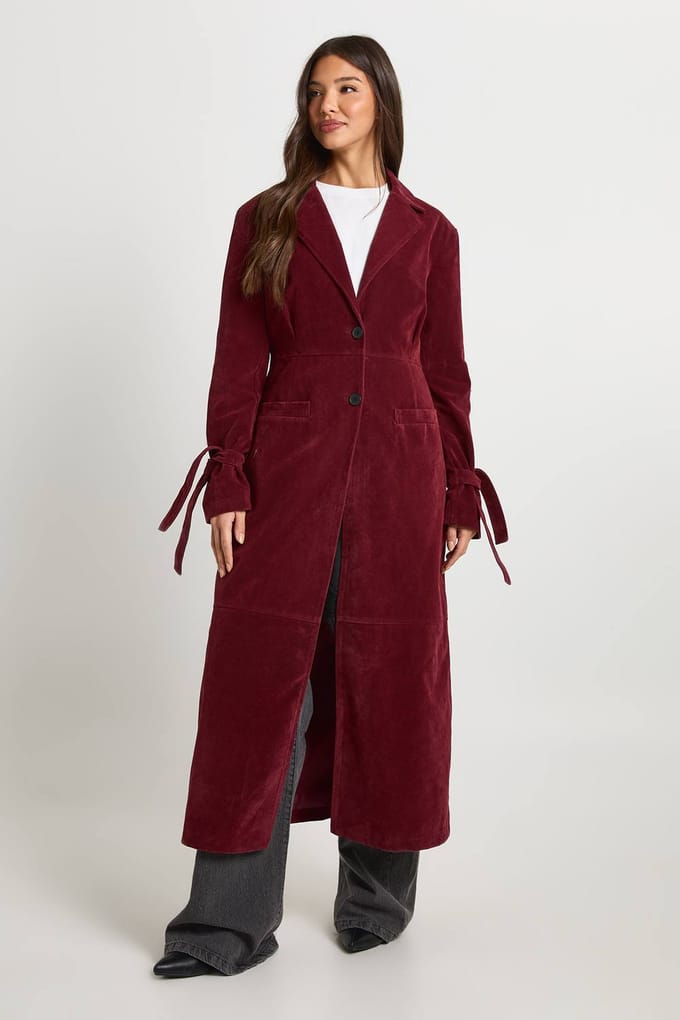 boohoo Dames Faux suede maxi jas met ceintuur | Wine | Maat: 8