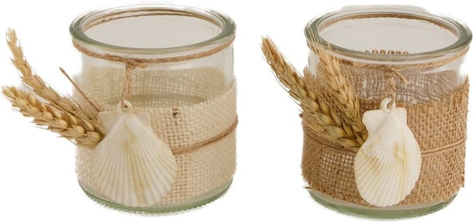 Waxinelichthouder - Jute en Schelpen - 8x8 cm - Set van 2 Stuks