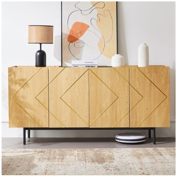Lage buffetkast - MUVOE - 4 deuren - Natuurlijk hout - Metalen inzetstukken - H78 cm B160 cm D40 cm