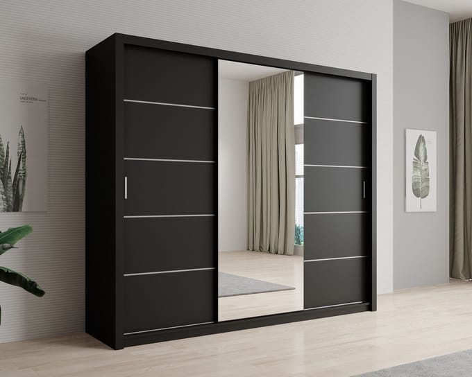 Meubella - Kledingkast Blake - Mat Zwart - 250 cm - Met spiegel