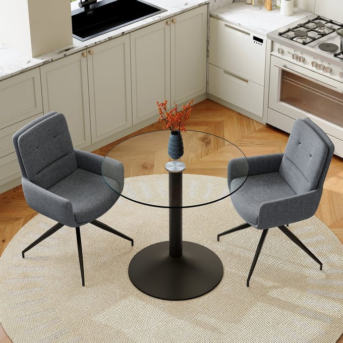 MIVRAY Eethoek Set 85 Cm - Ronde Eettafel Met 2 Draaibare Eetkamerstoelen - Voor Eetkamer En Horeca - Glas Metaal