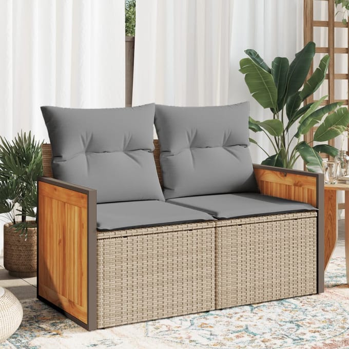 vidaXL - Tuinbank - 2-zits - met - kussens - poly - rattan - beige