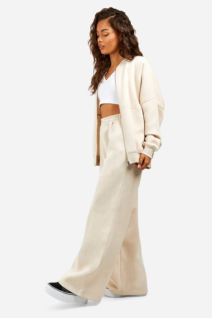 boohoo Dames Zip Through Bomber Trainingspak met rechte pijpen | Stone | Maat: Large