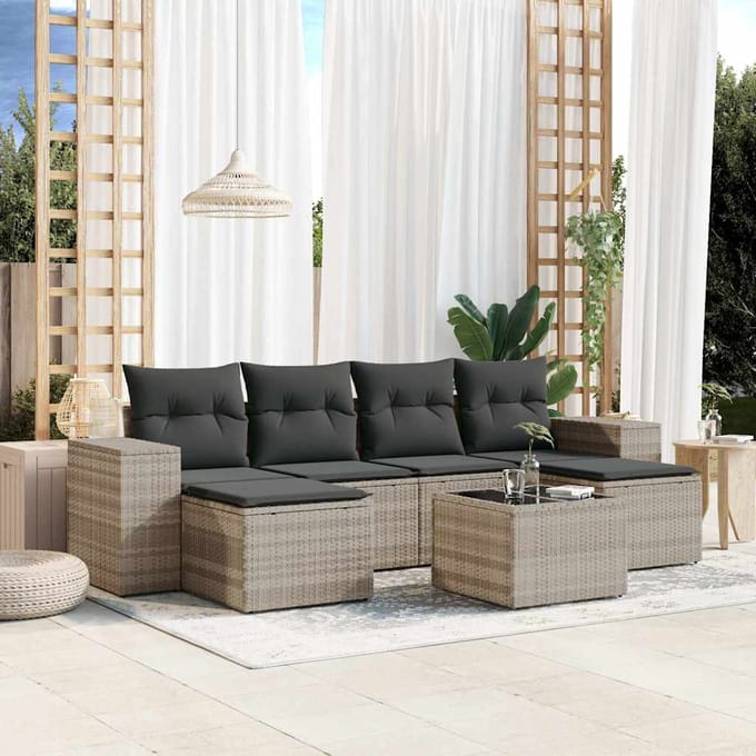 vidaXL - 7-delige - Loungeset - met - kussens - poly - rattan - lichtgrijs
