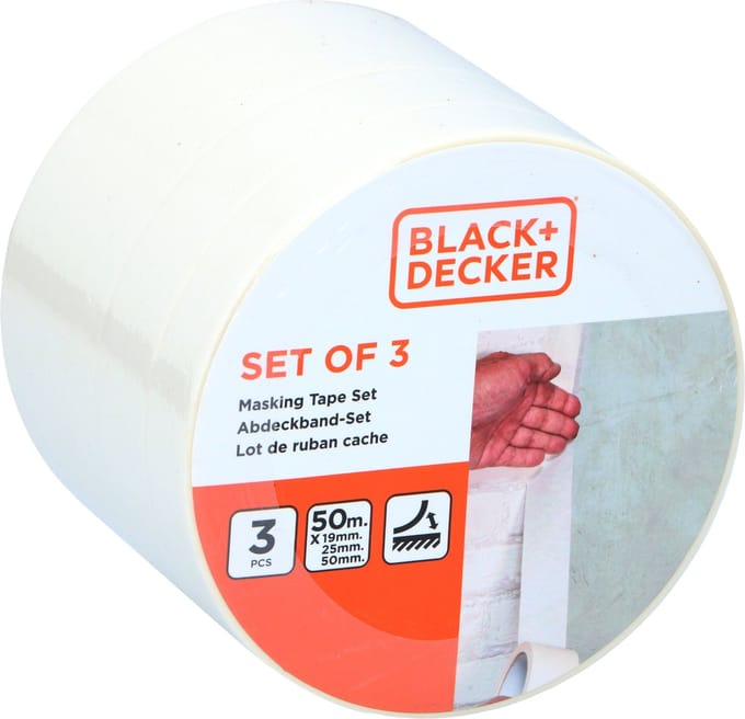 Black & Decker Afplaktape/schilderstape - 3x verschillende maten - wit - 19/25/50mm x 5m - binnen/buiten