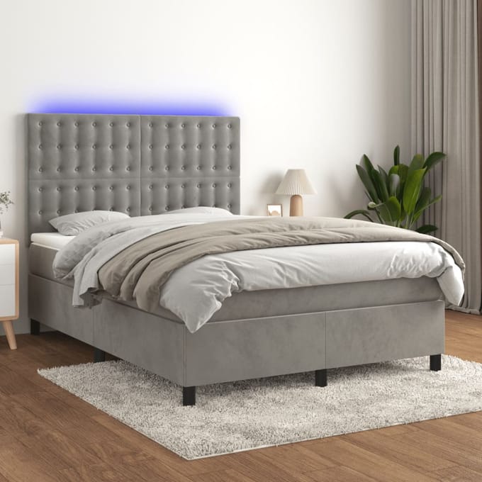 vidaXL - Boxspring - met - matras - en - LED - fluweel - lichtgrijs - 140x190 - cm