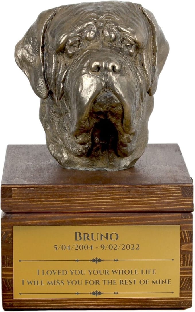 Engelse Mastiff urn met beeldje - gepersonaliseerde hondenurn