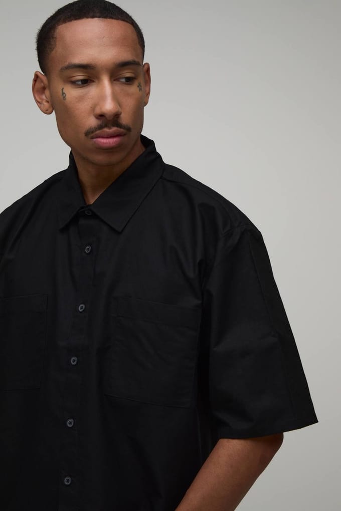 Oversized Crop Half Sleeve Oxford Shirt | Black | Size Medium