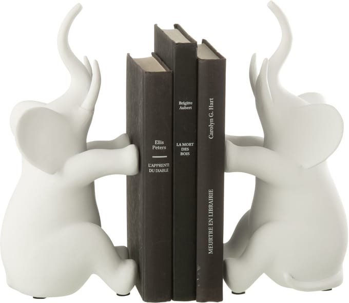 J-Line boekensteun Olifant Zittend - polyresin - wit - set van 2