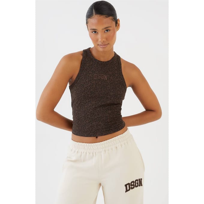 Dames Dsgn Studio Luipaard Racer Neck Vest Top | Chocoladebruin | Maat: Small
