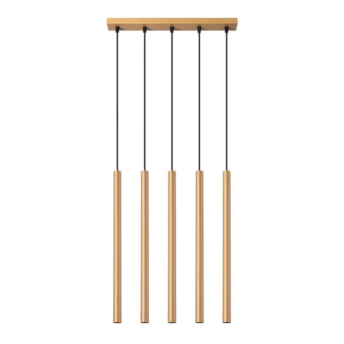 Hanglamp PASTELO 5L met 5 slanke buizen in lijn - Sollux Lighting - IP20 - Goud staal behuizing - 45 x 5 x 110 cm - 5 x G9 LED, exclusief lichtbron - 5 x 8 W - Moderne hanglamp voor woonkamer, slaapkamer en eetkamer