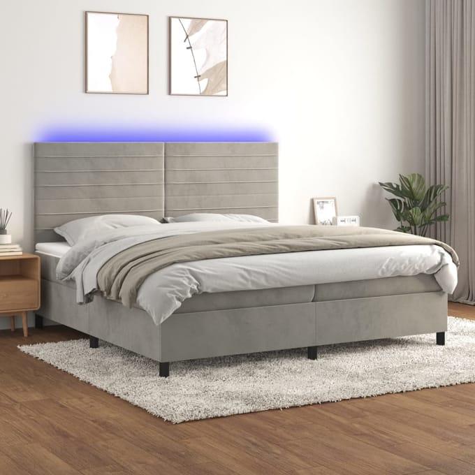 vidaXL - Boxspring - met - matras - en - LED - fluweel - lichtgrijs - 200x200 - cm