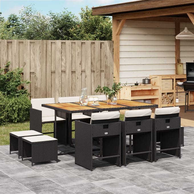 vidaXL - 11-delige - Tuinset - met - kussens - poly - rattan - zwart