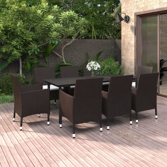 vidaXL - 9-delige - Tuinset - met - kussens - poly - rattan - en - glas