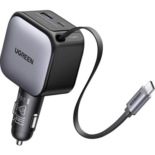 UGREEN EC602 60W Car Charger Autolader 60 W 2x USB-C, 1x USB-A QC 3.0, USB PD 3.0 Grijs Auto, Vrachtwagen Opwikkelbare USB-C-kabel