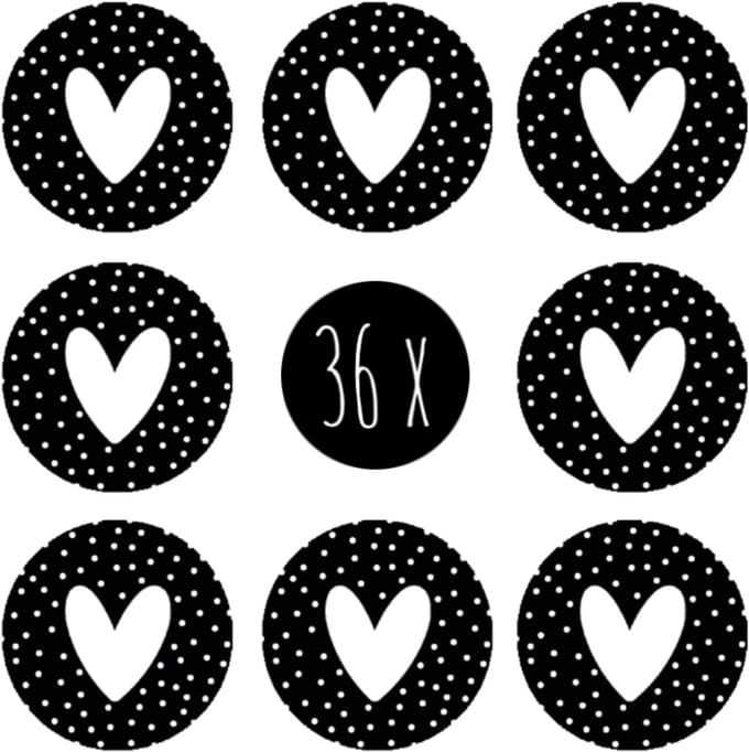 36x Stickers / Sluitstickers | HARTJE | 25 mm | rond | zwart & wit