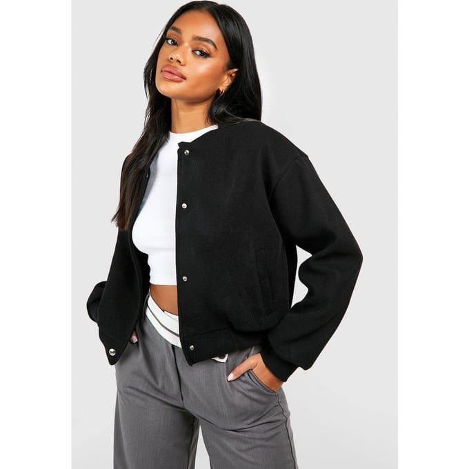 boohoo Dames Wool Look Crop Bomber Jacket | Zwart | Maat: 44