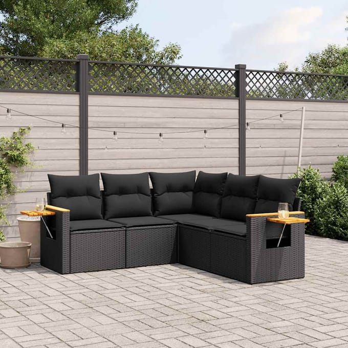 vidaXL - 5-delige - Loungeset - met - kussens - poly - rattan - zwart