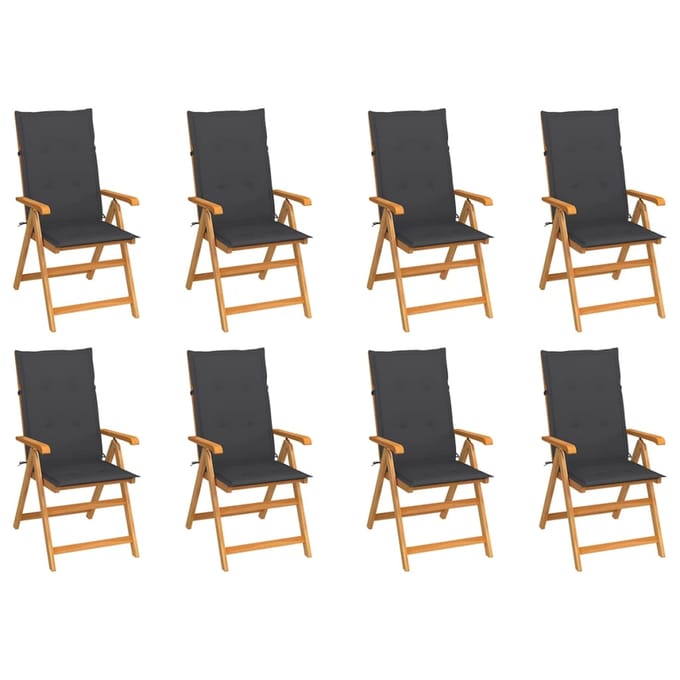 vidaXL - Verstelbare - klapstoelen - met - kussens, - 8 - stuks, - massief - teakhout