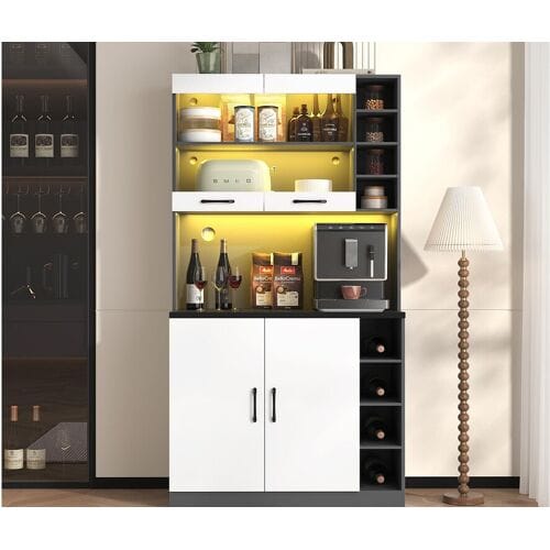 ModernLuxe Keukenbuffet 100×47×187 cm - met LED-verlichting - 2 deuren - wit+zwart