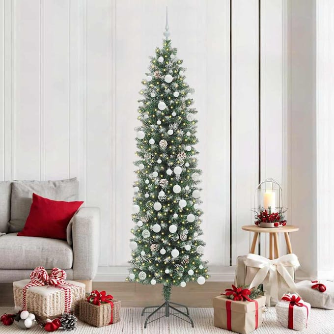 vidaXL - Kunstmatige - slanke - kerstboom - Groen - en - Wit - 210 - cm