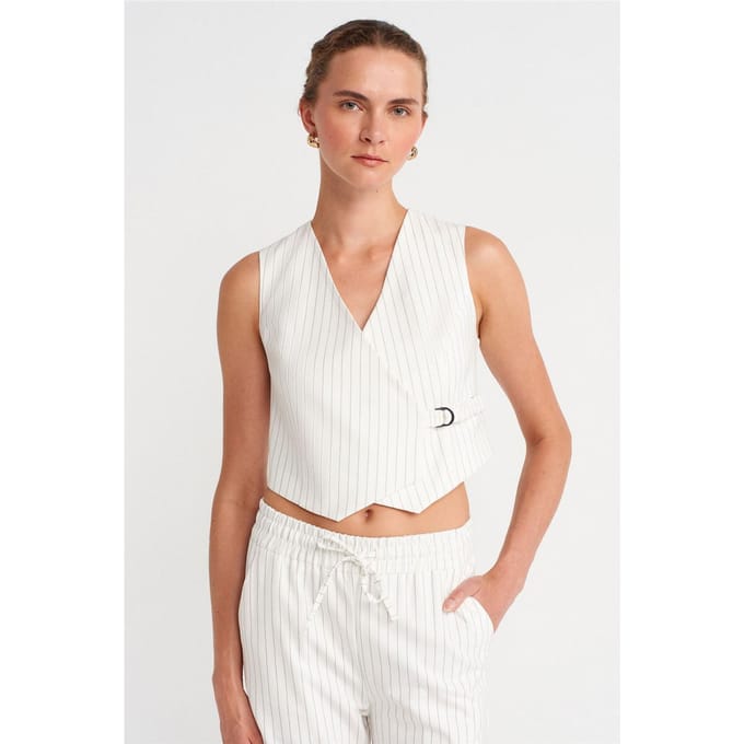 Dames Gestreepte Cropped Vest Met Ceintuur