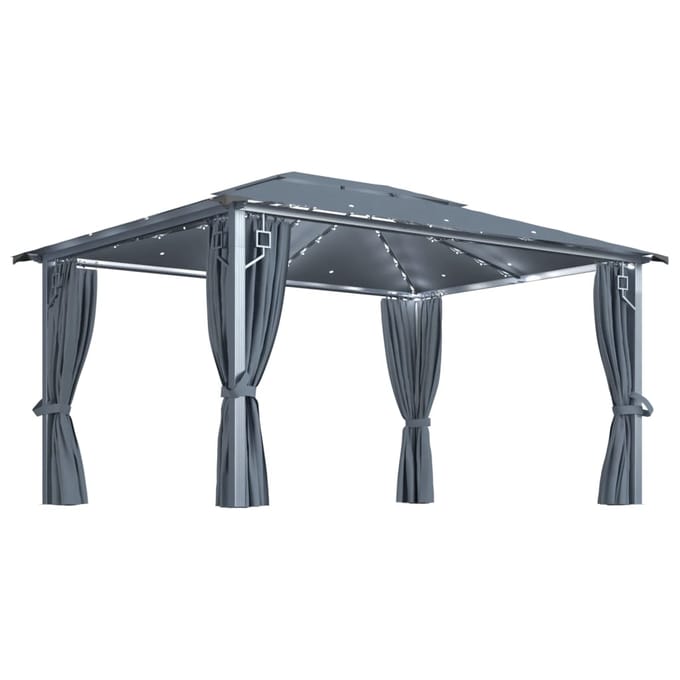 vidaXL - Prieel - met - gordijn - LED-lichtslinger - 4x3 - m - aluminium - antraciet