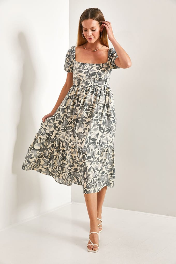 Bloemen Midi-jurk met Vierkante Kraag