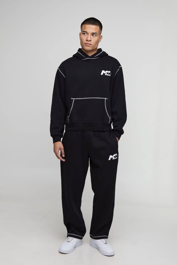 Oversized Boxy M Star Trainingspak met capuchon en contraststiksels | Black | Size Medium