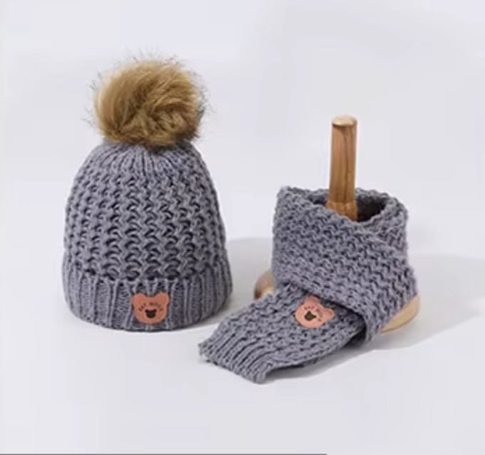 2 in 1 kindermuts sjaal set - meisjes - jongens - winter - gebreide muts, kinderen 2-7 jaar, Grijs