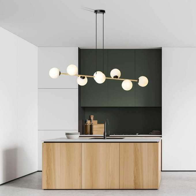 Euluna - hanglamp - 8lichts - Staal, glas - E14 - zwart, goud, wit opaal