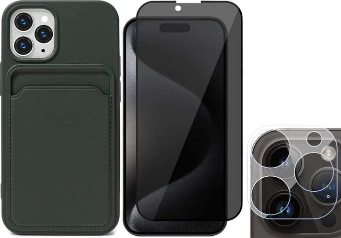 Hoesje Pasjeshouder geschikt voor iPhone 15 Pro - Privacy Screenprotector FullGuard + Camera Lens Screen Protector - Siliconen Case Back Cover Groen