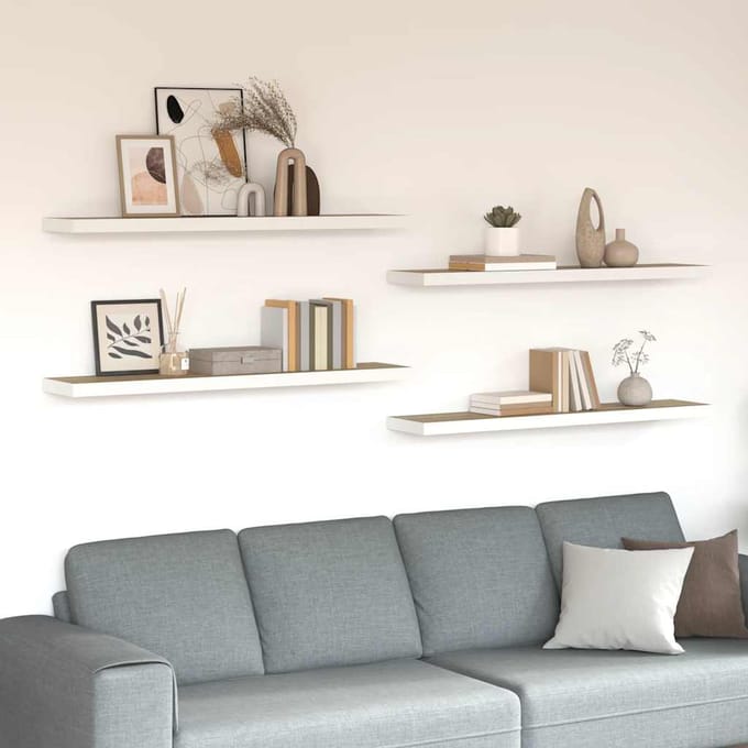 vidaXL - Wandschappen - zwevend - 4 - st - 120x23,5x3,8 - cm - MDF - eikenkleurig - wit