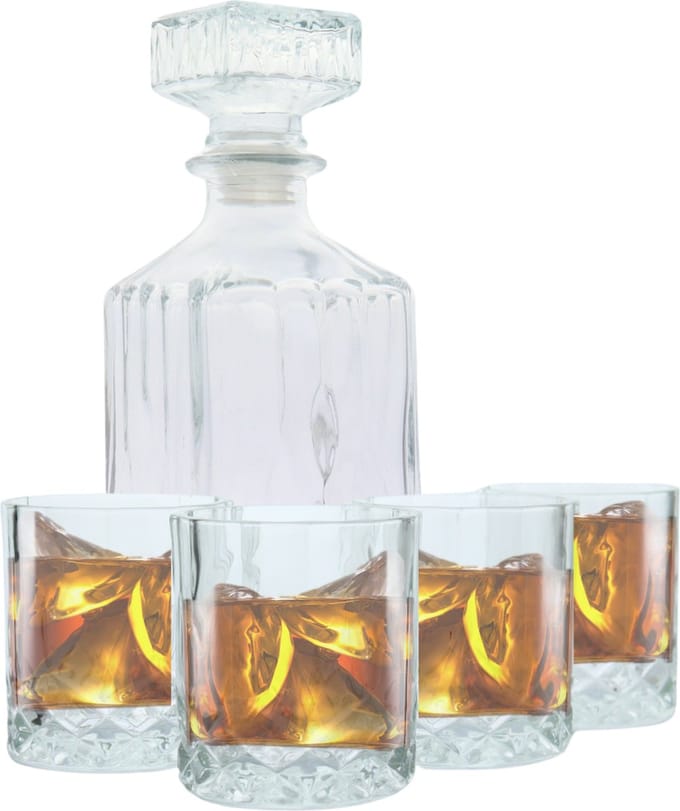 OTIX Whiskey Karaf - 4 Glazen - 5- Delig - Transparant - 900/230 ml - Glas - Set