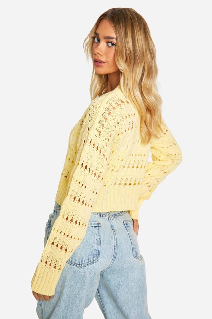 boohoo Dames Gehaakte Crop Cardigan met knoopsluiting | Boter | Maat: Large