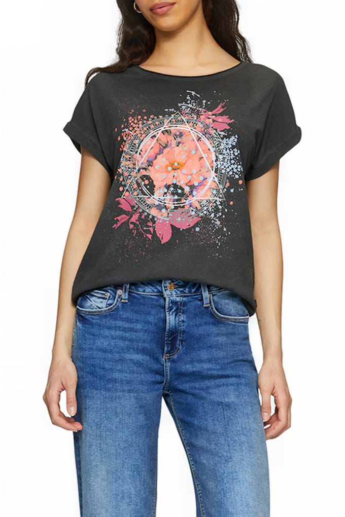 QS - female - Oversized top in een garment-washed look met een print op de voorkant