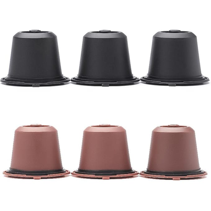 Lot de 6 capsules de café Nespresso rechargeables et réutilisables avec cuillère et brosse L black