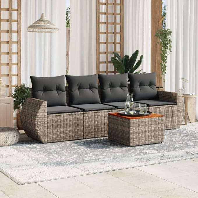 vidaXL - 5-delige - Loungeset - met - kussens - poly - rattan - grijs