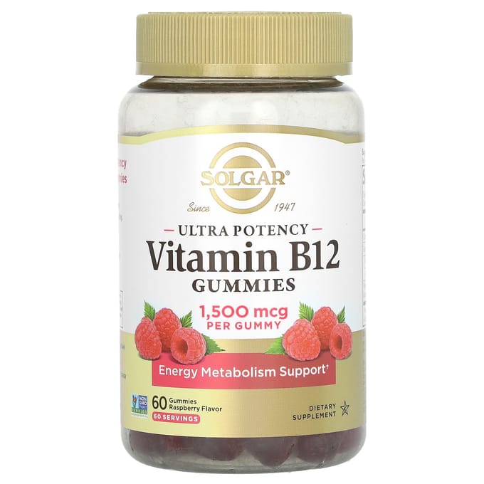 Solgar, vitamine B12 gummies, ultra effectief, framboos, 1.500 mcg, 60 gummies